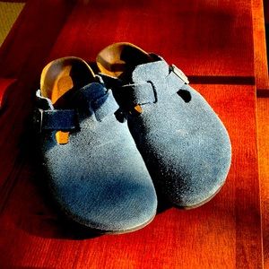 Birkenstock blue suede Boston clogs, worn but in good shape, size 38